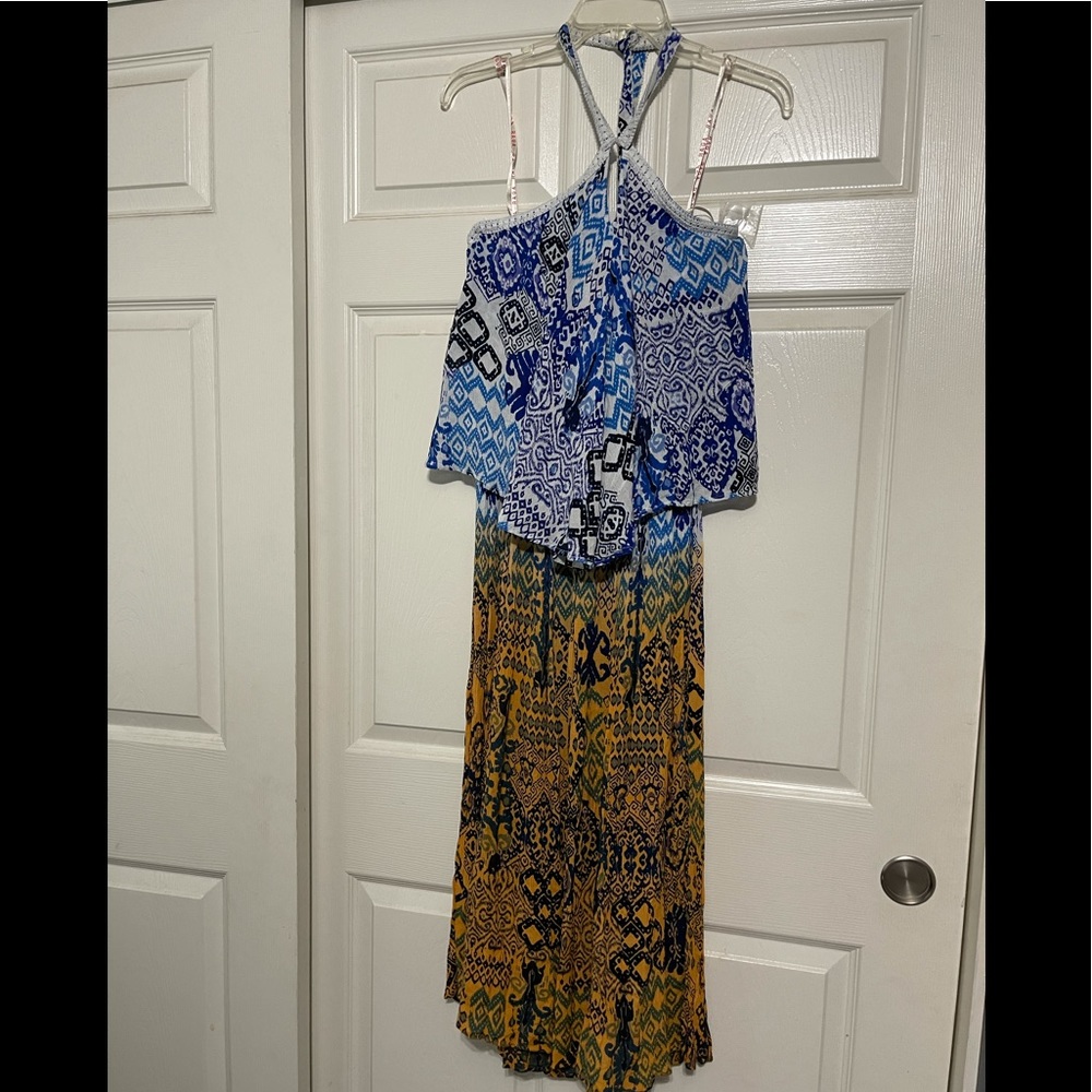 Anthropologie RAGA Until Sunrise Tiered Halter Midi Dress Blue Rust Ruffled XS - Picture 5 of 12